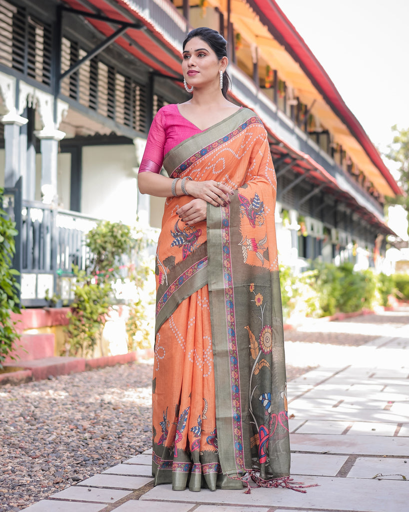 Orange and Olive Green Kalamkari Design Pure Cotton Linen Saree with Blouse and Tassels LINEN