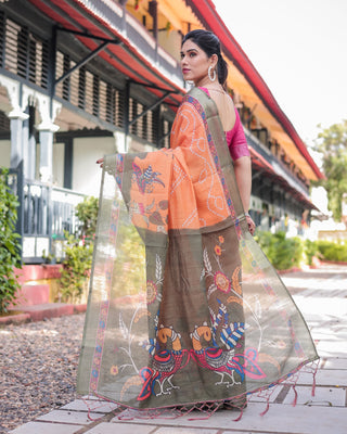 Orange and Olive Green Kalamkari Design Pure Cotton Linen Saree with Blouse and Tassels LINEN