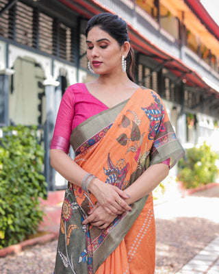 Orange and Olive Green Kalamkari Design Pure Cotton Linen Saree with Blouse and Tassels LINEN