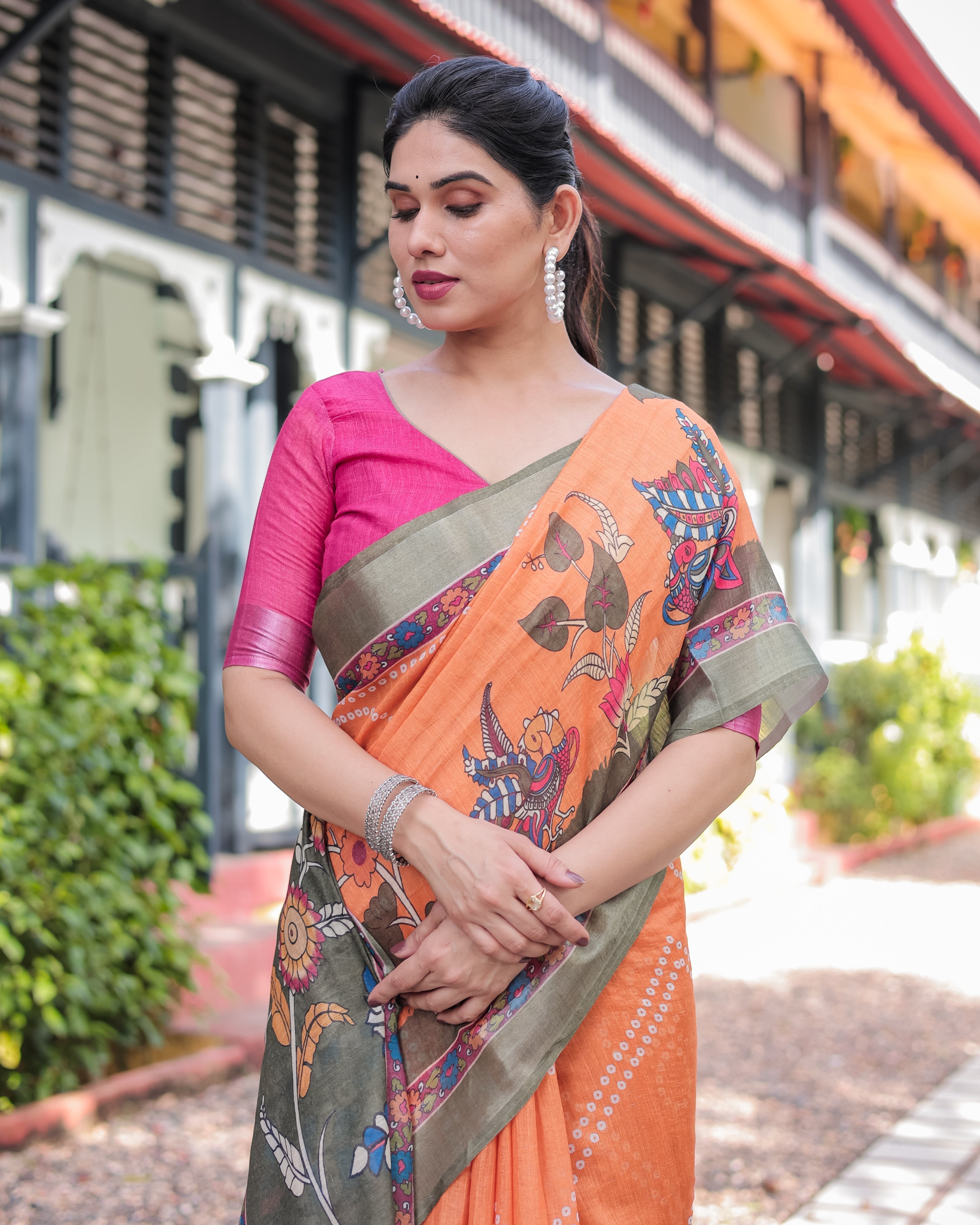 Orange and Olive Green Kalamkari Design Pure Cotton Linen Saree with Blouse and Tassels LINEN