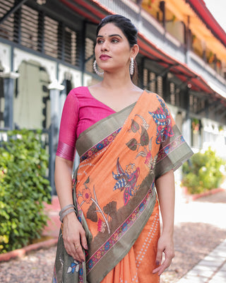 Orange and Olive Green Kalamkari Design Pure Cotton Linen Saree with Blouse and Tassels LINEN