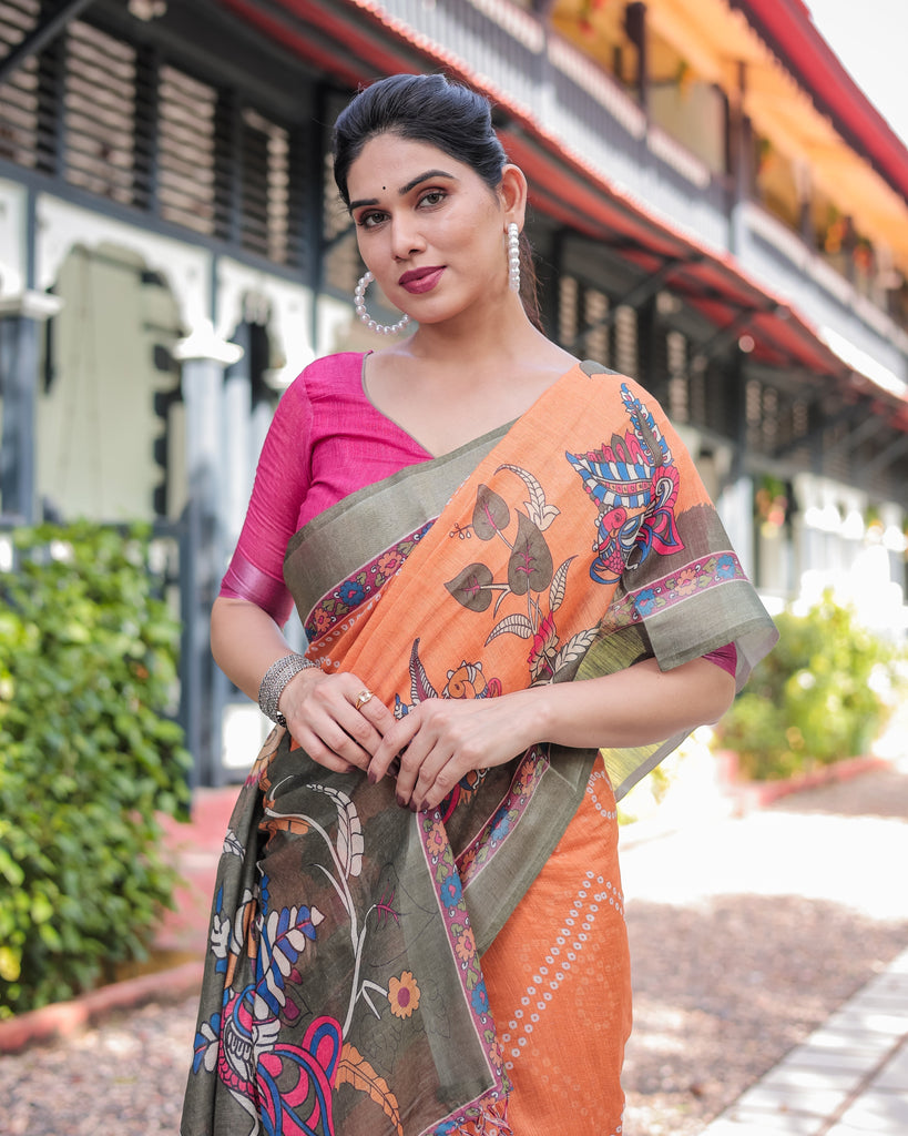 Orange and Olive Green Kalamkari Design Pure Cotton Linen Saree with Blouse and Tassels LINEN