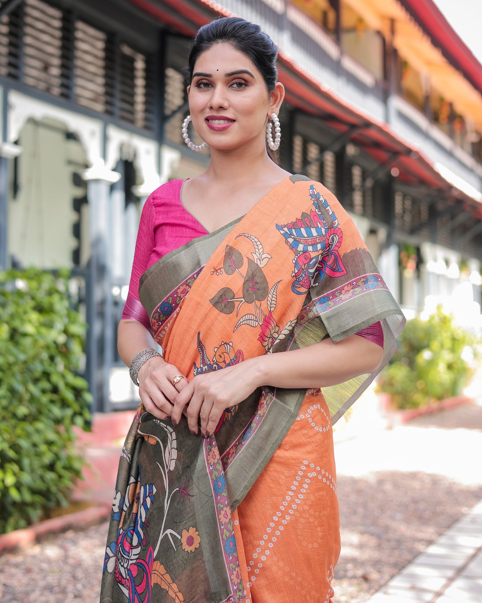 Orange and Olive Green Kalamkari Design Pure Cotton Linen Saree with Blouse and Tassels LINEN