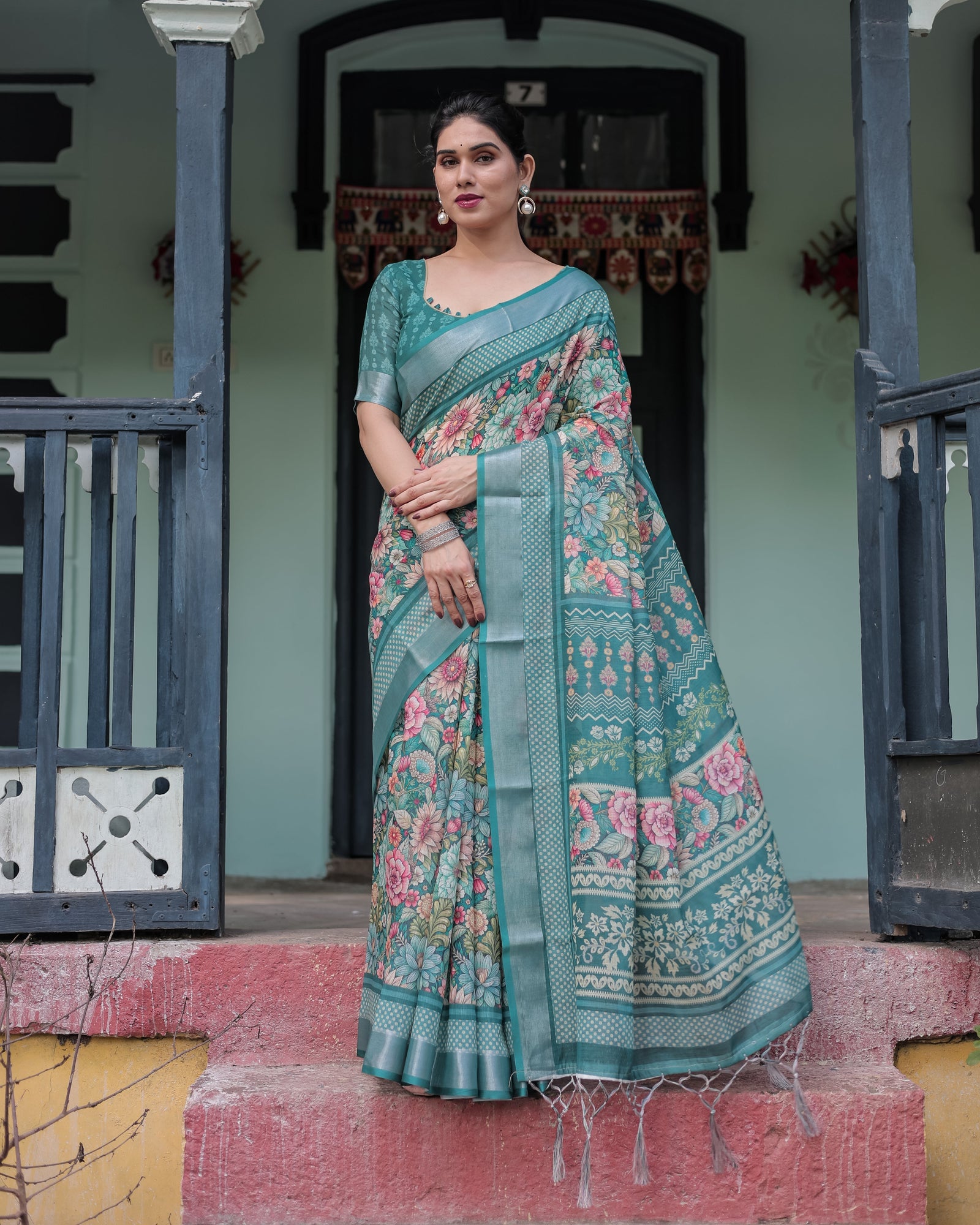 Teal Green Floral Printed Pure Cotton Linen Saree with Blouse and Tassels on Edges LINEN