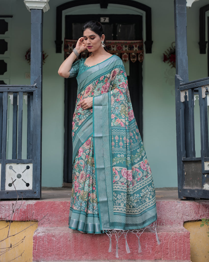 Teal Green Floral Printed Pure Cotton Linen Saree with Blouse and Tassels on Edges LINEN