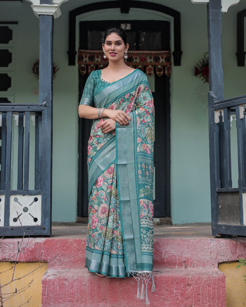 Teal Green Floral Printed Pure Cotton Linen Saree with Blouse and Tassels on Edges LINEN Main image