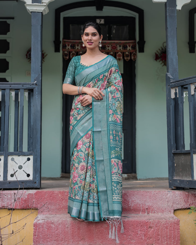 Teal Green Floral Printed Pure Cotton Linen Saree with Blouse and Tassels on Edges LINEN