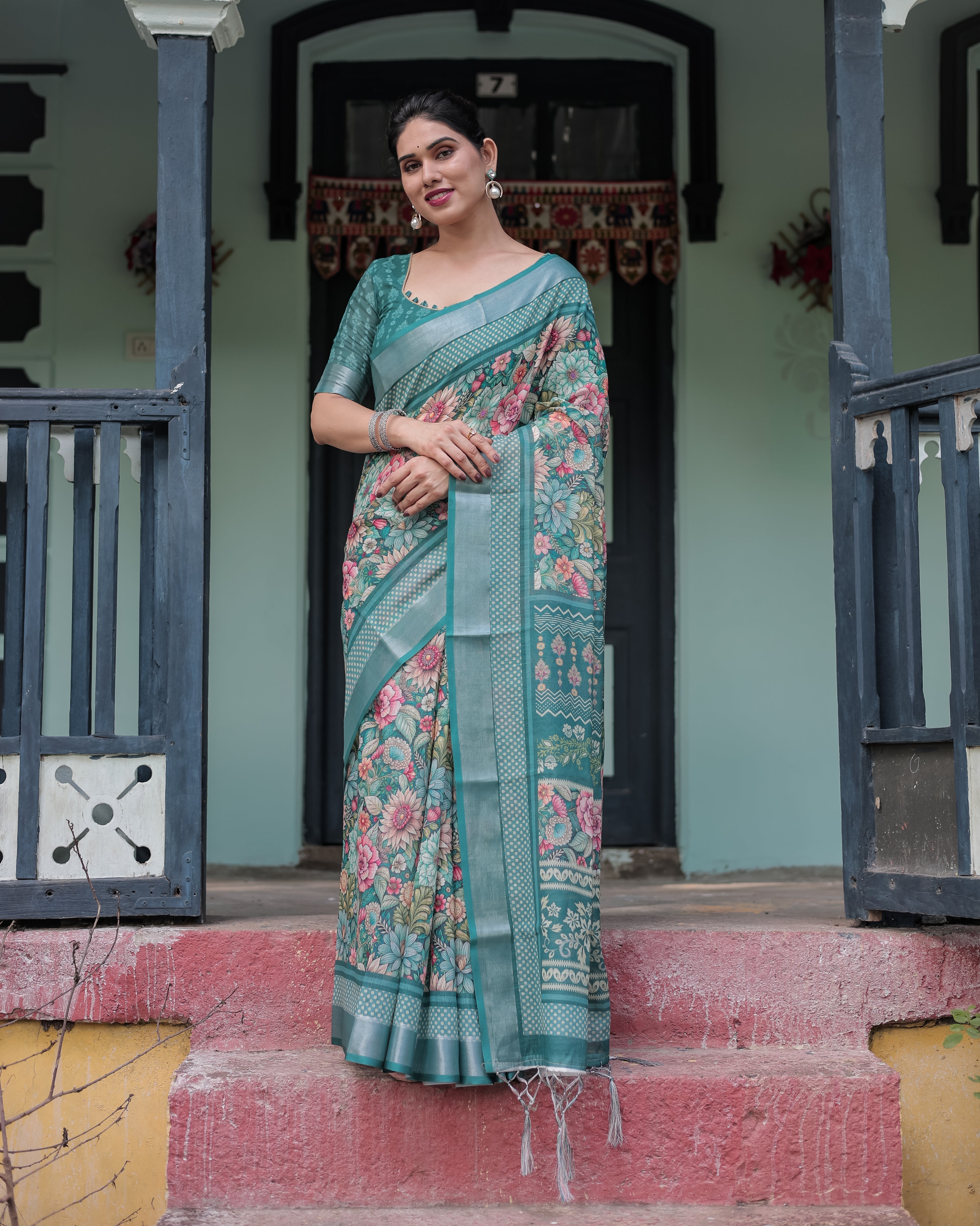 Teal Green Floral Printed Pure Cotton Linen Saree with Blouse and Tassels on Edges Secondary image