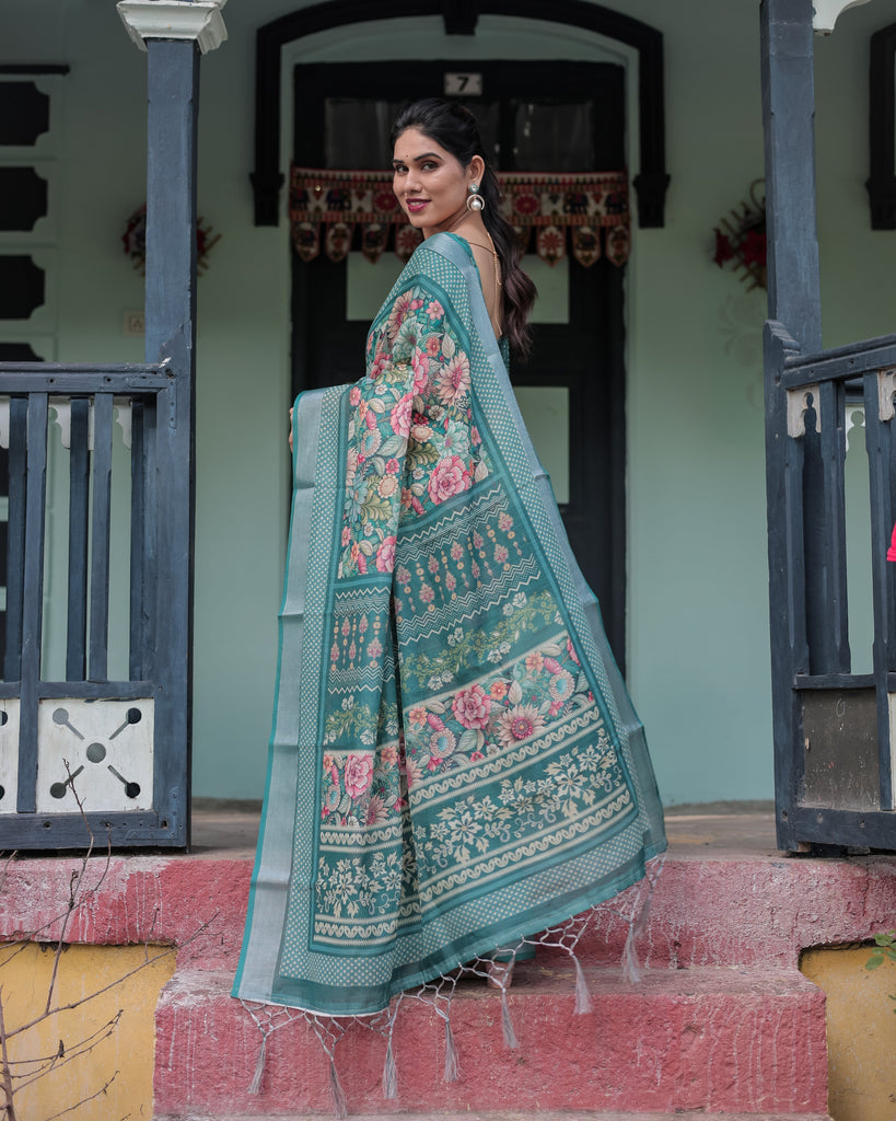 Teal Green Floral Printed Pure Cotton Linen Saree with Blouse and Tassels on Edges LINEN