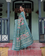 Load image into Gallery viewer, Teal Green Floral Printed Pure Cotton Linen Saree with Blouse and Tassels on Edges LINEN