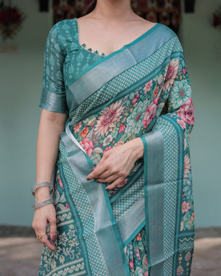 Teal Green Floral Printed Pure Cotton Linen Saree with Blouse and Tassels on Edges LINEN