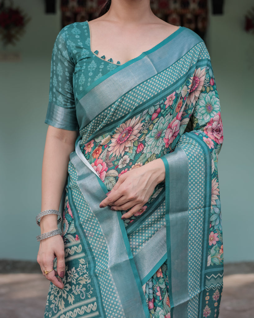 Teal Green Floral Printed Pure Cotton Linen Saree with Blouse and Tassels on Edges LINEN