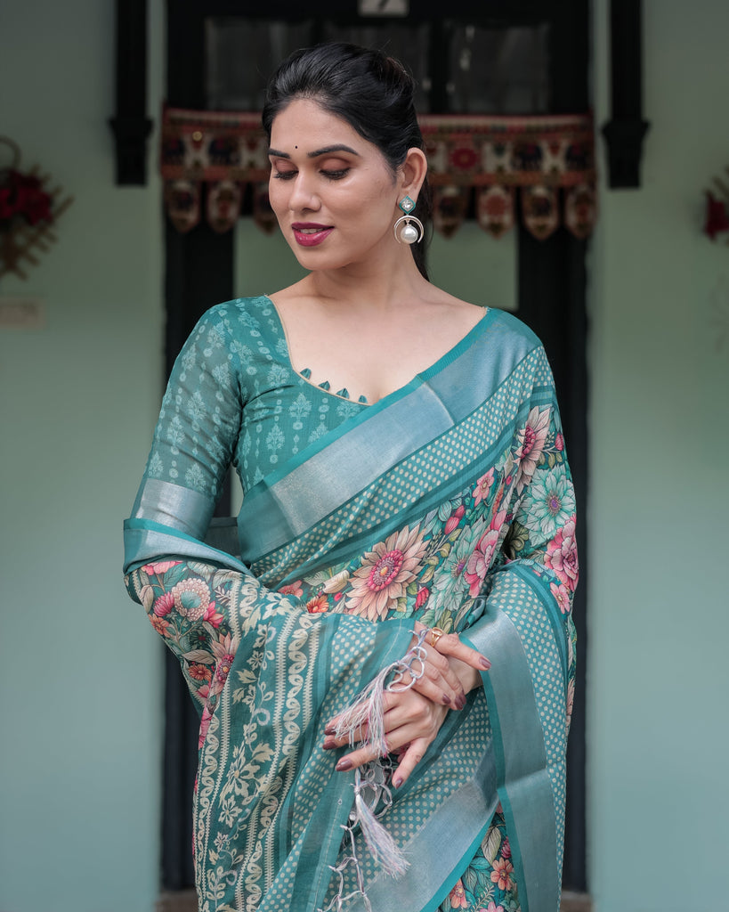 Teal Green Floral Printed Pure Cotton Linen Saree with Blouse and Tassels on Edges LINEN