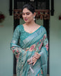Load image into Gallery viewer, Teal Green Floral Printed Pure Cotton Linen Saree with Blouse and Tassels on Edges LINEN