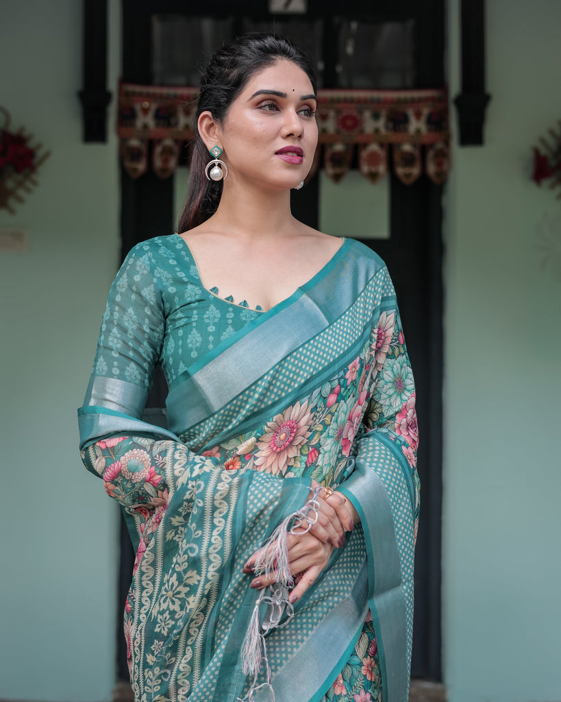 Teal Green Floral Printed Pure Cotton Linen Saree with Blouse and Tassels on Edges LINEN