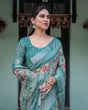 Load image into Gallery viewer, Teal Green Floral Printed Pure Cotton Linen Saree with Blouse and Tassels on Edges LINEN