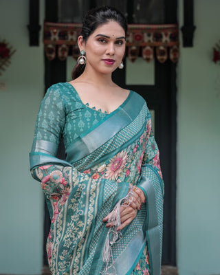Teal Green Floral Printed Pure Cotton Linen Saree with Blouse and Tassels on Edges LINEN