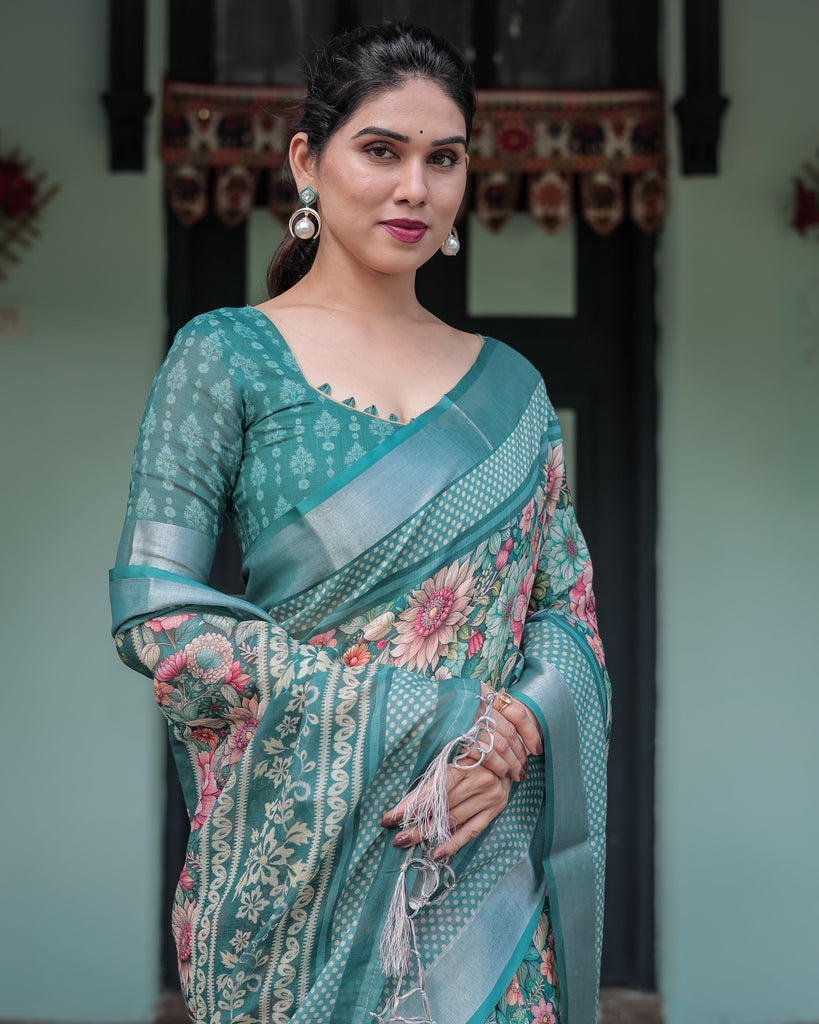 Teal Green Floral Printed Pure Cotton Linen Saree with Blouse and Tassels on Edges LINEN