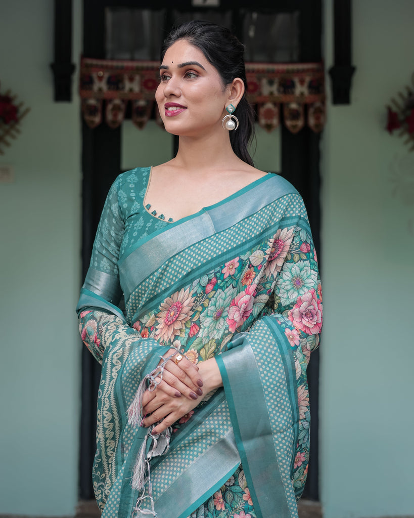 Teal Green Floral Printed Pure Cotton Linen Saree with Blouse and Tassels on Edges LINEN