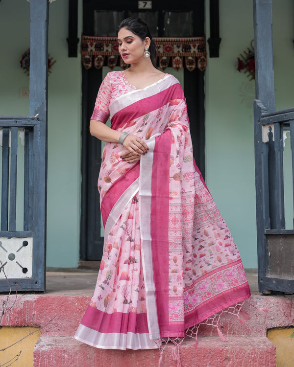 Soft Pink and Magenta Floral & Foliage Print Cotton Linen Saree with Blouse and Tassel Finish LINEN