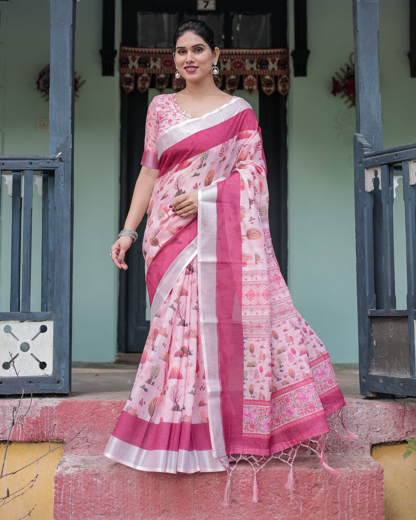 Soft Pink and Magenta Floral & Foliage Print Cotton Linen Saree with Blouse and Tassel Finish LINEN