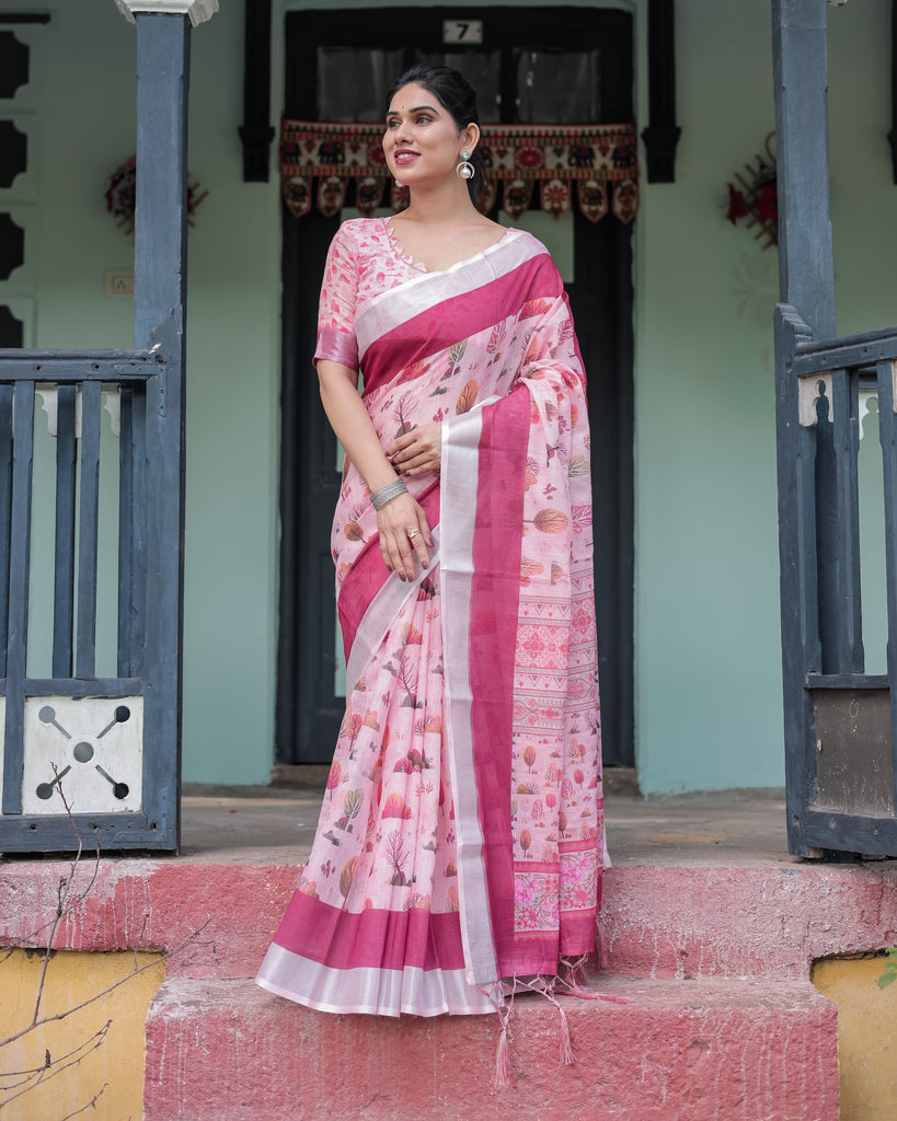 Soft Pink and Magenta Floral & Foliage Print Cotton Linen Saree with Blouse and Tassel Finish LINEN