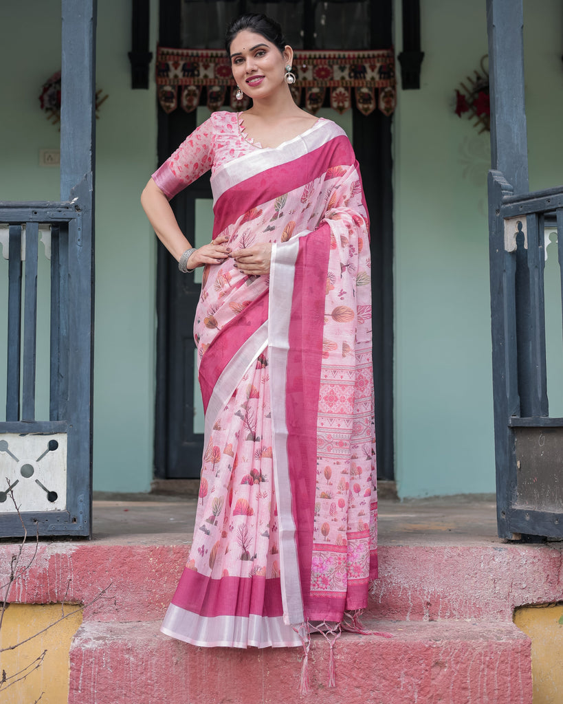 Soft Pink and Magenta Floral & Foliage Print Cotton Linen Saree with Blouse and Tassel Finish LINEN
