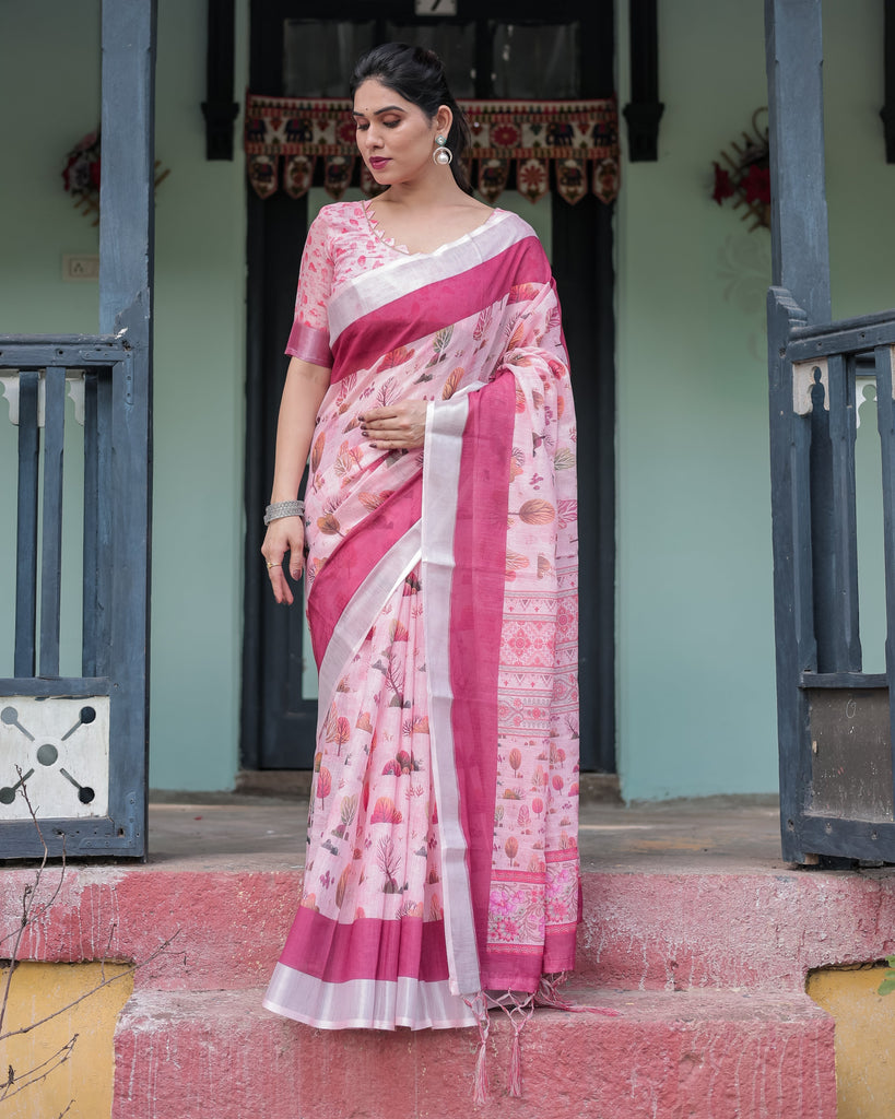 Soft Pink and Magenta Floral & Foliage Print Cotton Linen Saree with Blouse and Tassel Finish LINEN