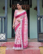 Load image into Gallery viewer, Soft Pink and Magenta Floral &amp; Foliage Print Cotton Linen Saree with Blouse and Tassel Finish LINEN