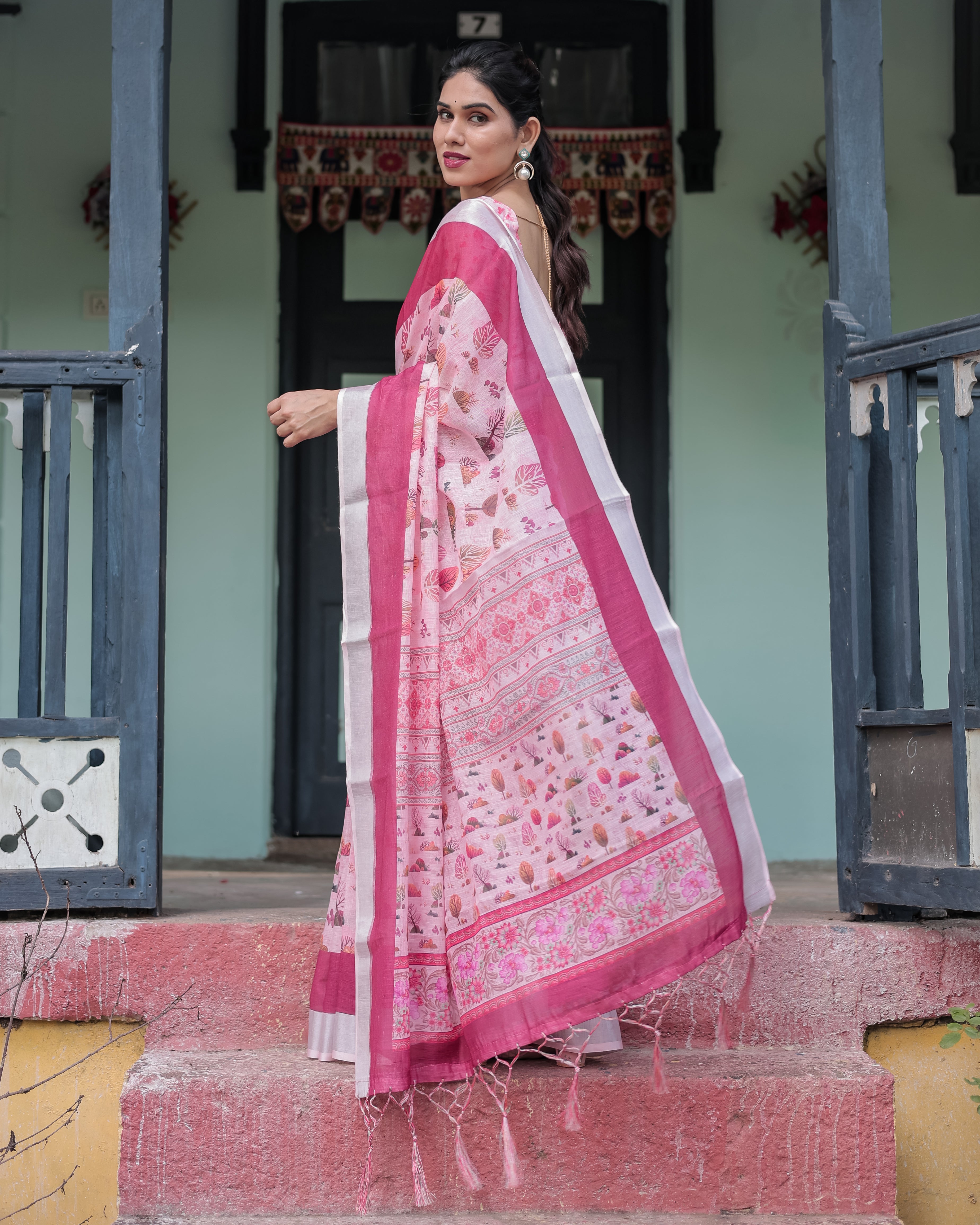 Soft Pink and Magenta Floral & Foliage Print Cotton Linen Saree with Blouse and Tassel Finish LINEN