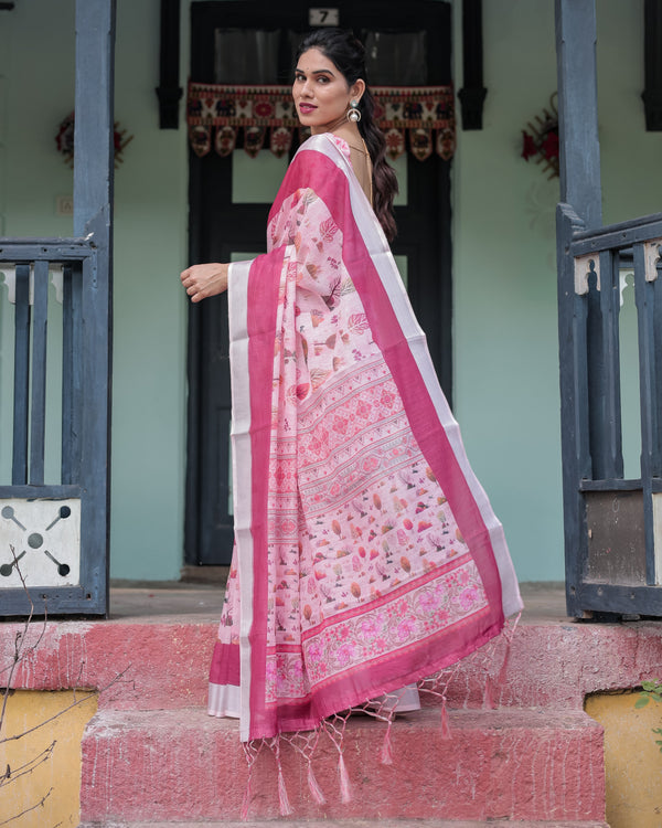 Soft Pink and Magenta Floral & Foliage Print Cotton Linen Saree with Blouse and Tassel Finish LINEN