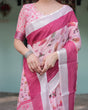 Load image into Gallery viewer, Soft Pink and Magenta Floral &amp; Foliage Print Cotton Linen Saree with Blouse and Tassel Finish LINEN