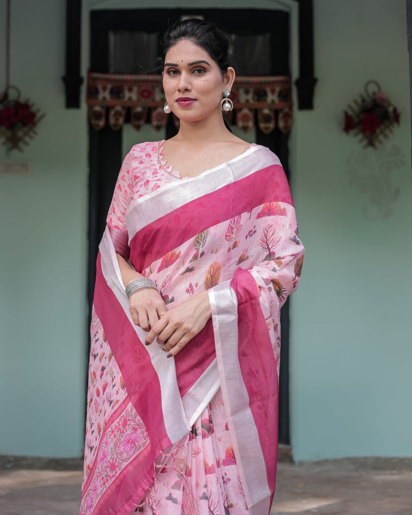 Soft Pink and Magenta Floral & Foliage Print Cotton Linen Saree with Blouse and Tassel Finish LINEN