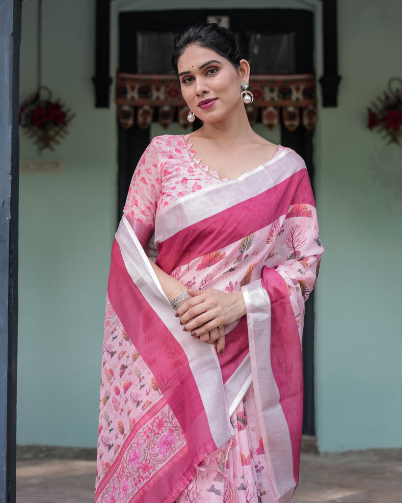 Soft Pink and Magenta Floral & Foliage Print Cotton Linen Saree with Blouse and Tassel Finish LINEN