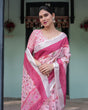 Load image into Gallery viewer, Soft Pink and Magenta Floral &amp; Foliage Print Cotton Linen Saree with Blouse and Tassel Finish LINEN