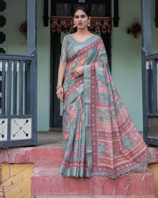 Pink and Maroon Pure Cotton Linen Saree with Blouse and Tassels - Floral Design with Leaf Patterns LINEN
