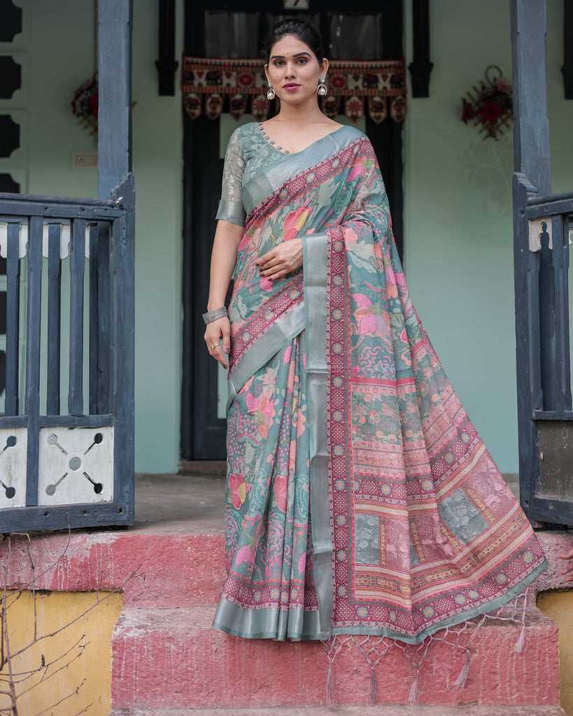 Pink and Maroon Pure Cotton Linen Saree with Blouse and Tassels - Floral Design with Leaf Patterns LINEN