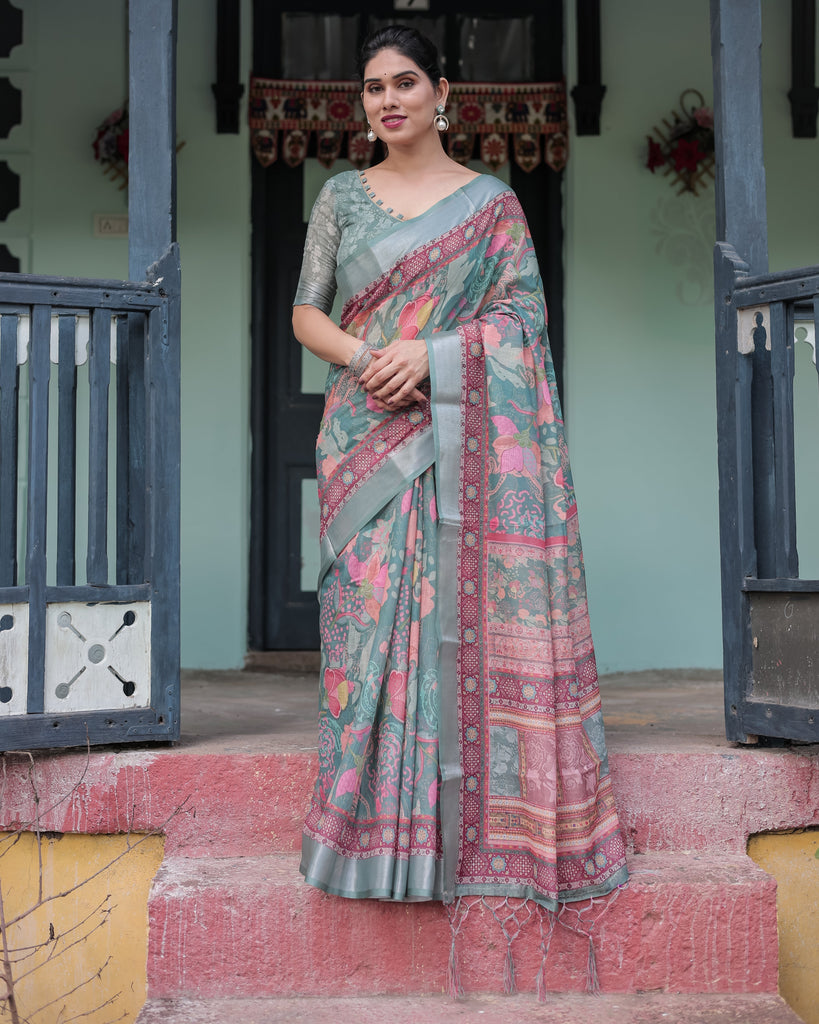 Pink and Maroon Pure Cotton Linen Saree with Blouse and Tassels - Floral Design with Leaf Patterns LINEN