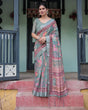 Load image into Gallery viewer, Pink and Maroon Pure Cotton Linen Saree with Blouse and Tassels - Floral Design with Leaf Patterns LINEN