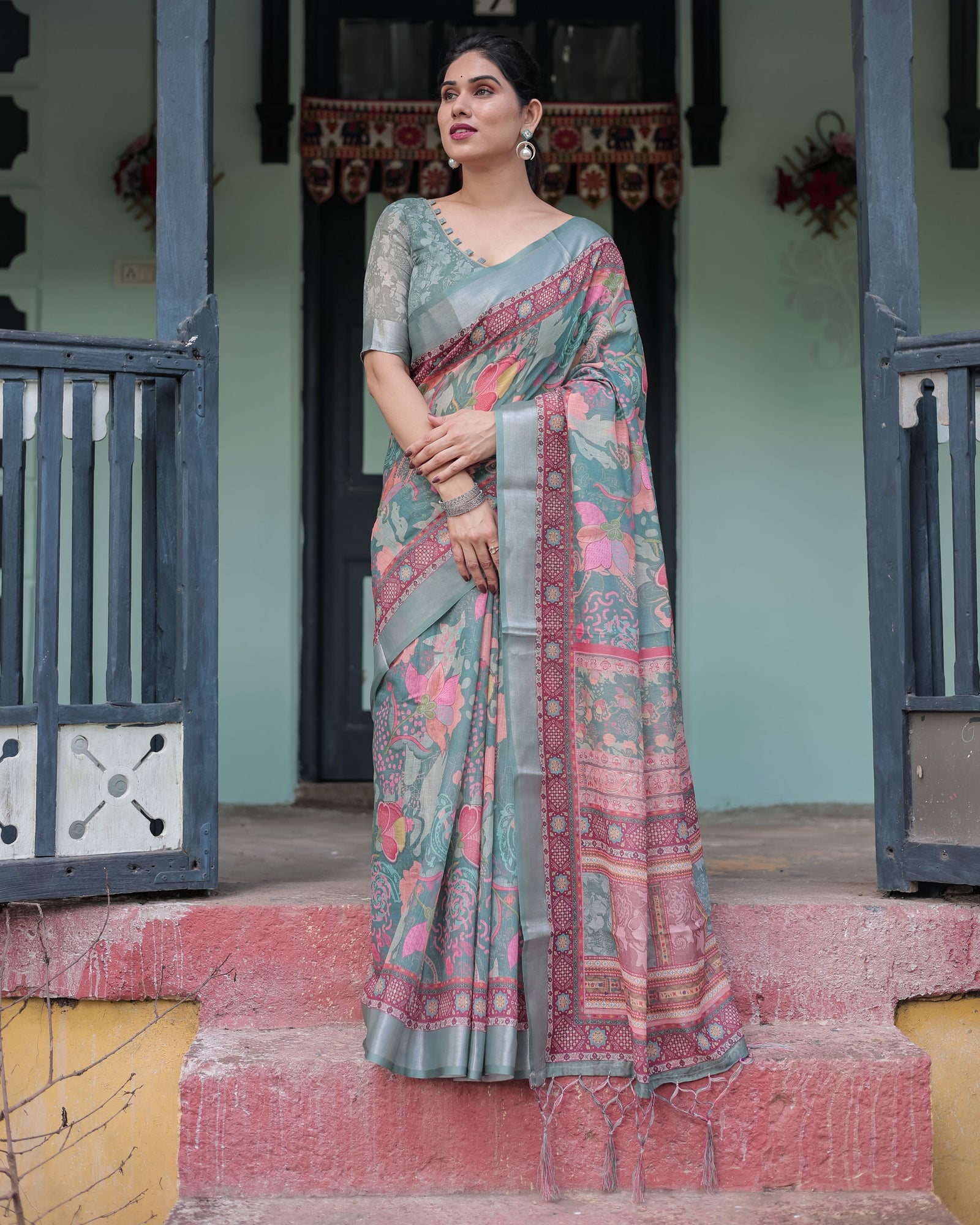 Pink and Maroon Pure Cotton Linen Saree with Blouse and Tassels - Floral Design with Leaf Patterns LINEN