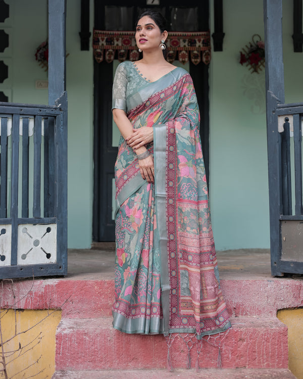 Pink and Maroon Pure Cotton Linen Saree with Blouse and Tassels - Floral Design with Leaf Patterns LINEN