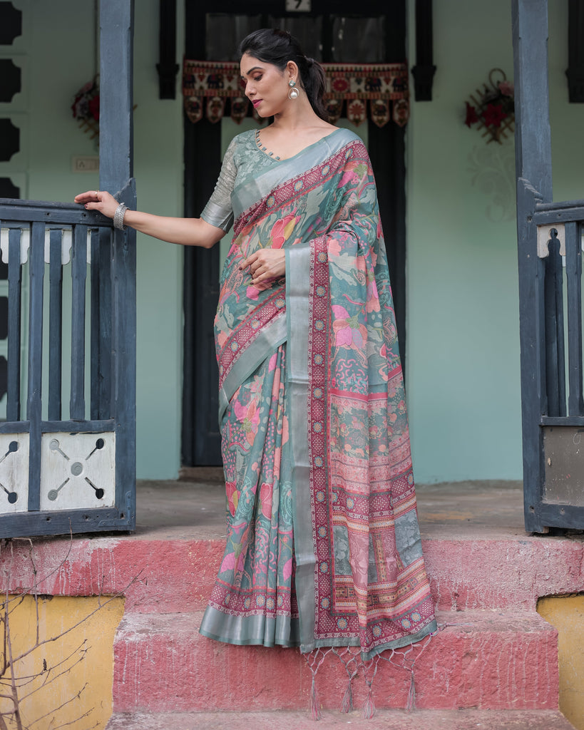Pink and Maroon Pure Cotton Linen Saree with Blouse and Tassels - Floral Design with Leaf Patterns LINEN