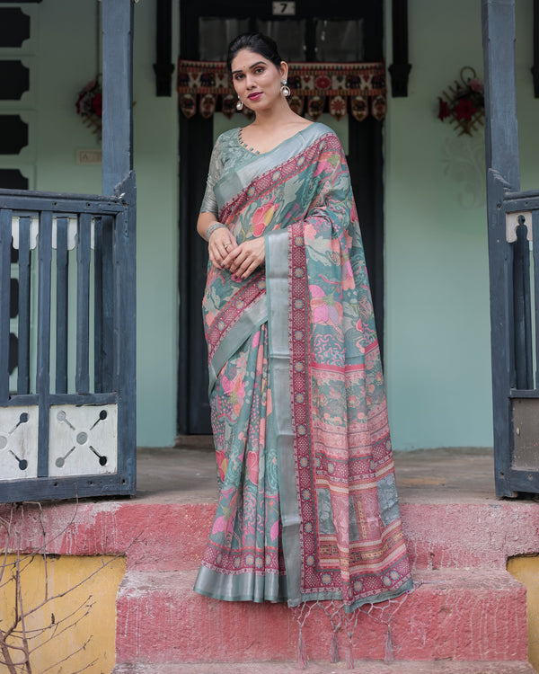 Pink and Maroon Pure Cotton Linen Saree with Blouse and Tassels - Floral Design with Leaf Patterns LINEN