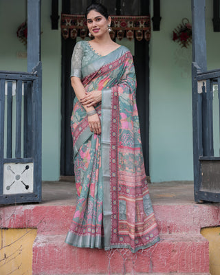 Pink and Maroon Pure Cotton Linen Saree with Blouse and Tassels - Floral Design with Leaf Patterns LINEN