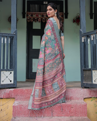 Pink and Maroon Pure Cotton Linen Saree with Blouse and Tassels - Floral Design with Leaf Patterns LINEN