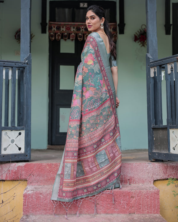 Pink and Maroon Pure Cotton Linen Saree with Blouse and Tassels - Floral Design with Leaf Patterns LINEN