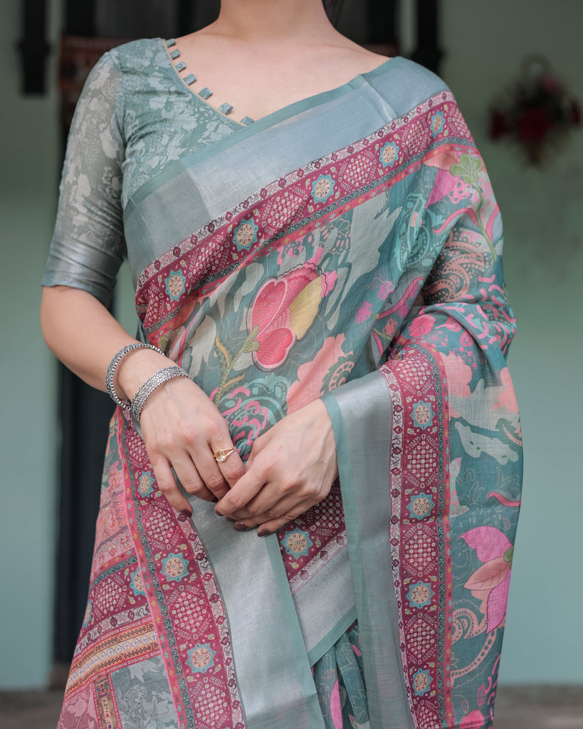 Pink and Maroon Pure Cotton Linen Saree with Blouse and Tassels - Floral Design with Leaf Patterns LINEN