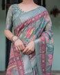Load image into Gallery viewer, Pink and Maroon Pure Cotton Linen Saree with Blouse and Tassels - Floral Design with Leaf Patterns LINEN