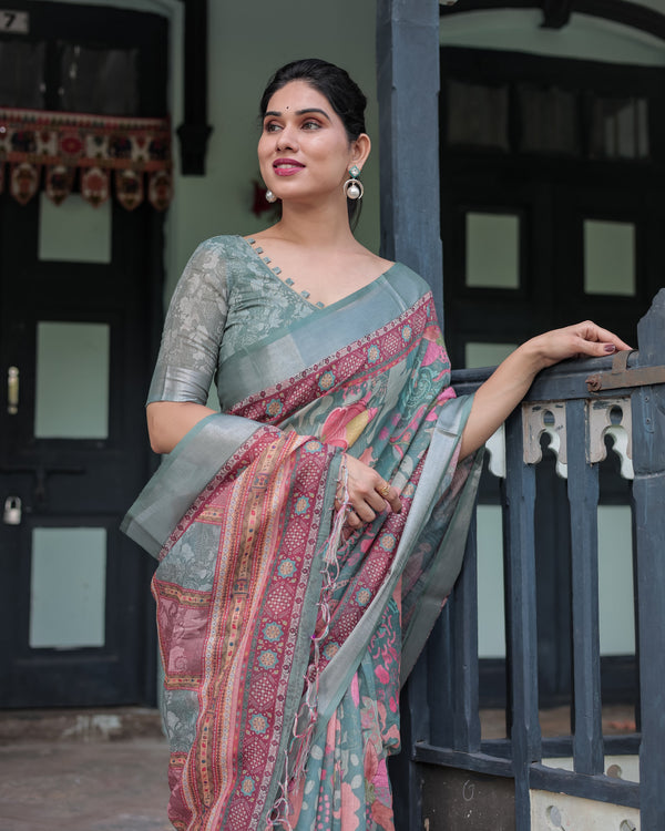 Pink and Maroon Pure Cotton Linen Saree with Blouse and Tassels - Floral Design with Leaf Patterns LINEN