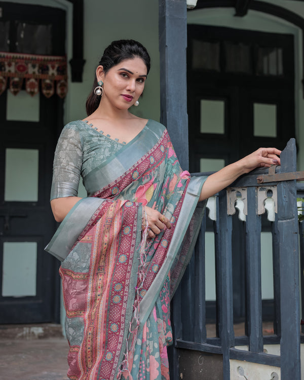 Pink and Maroon Pure Cotton Linen Saree with Blouse and Tassels - Floral Design with Leaf Patterns LINEN
